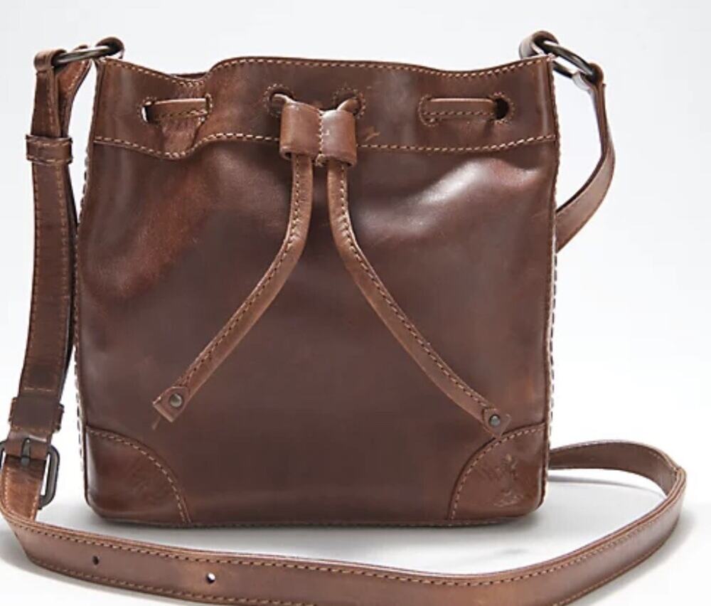 Frye Leather Melissa Drawstring Bucket Bag Cognac color B000498
